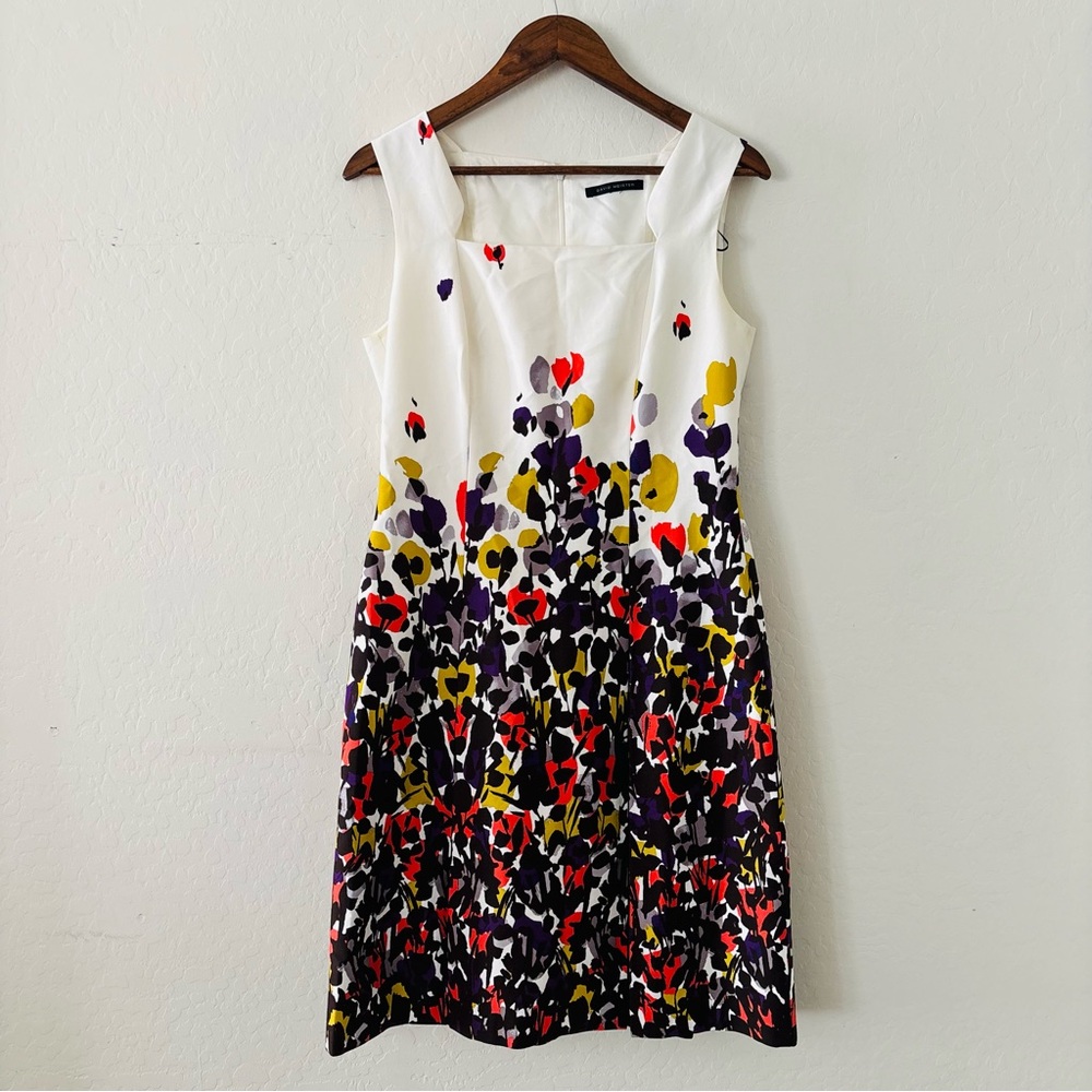 David Meister Women’s White Sleeveless Shift Dress Pleated Multicolor Floral 10